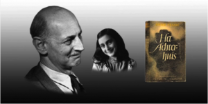 Composizione fotografica di un frame, tratto dal documentario La “memoria” fonte di libertà, dove appaiono Otto Frank, Anna Frank e il suo celebre ‘Diario'
